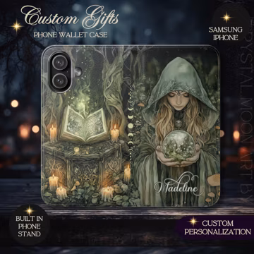 Custom Forest Witch Holding Crystal Ball Wallet Case | Mystic Tarot Phone Cover, Green Witch Gift