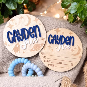 Baby Announcement Sign, Birth Announcement Round, Stat Sign, Personalized Baby Name Sign, Space, Rocket, Moon, Stars, Baby Room Decor