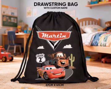 Personalized Cars Cotton Drawstring Bag: Kids School Gym Bag