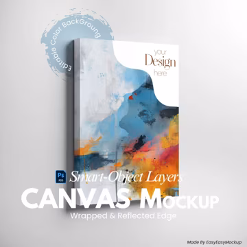 2:3 Canvas Mockup PSD – Angled Wall Canvas Scene with Reflected and wrapped Edge, Smart Object, Photopea & Photoshop Artwork Display
