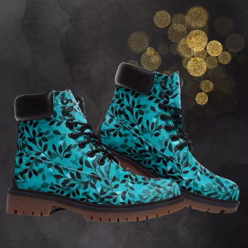 Turquoise With Small Black Leafs Combat Boots, Casual Unisex Floral Painted Shoes, Faux Leather Festival Footwear, Spring Summer Fall Winter