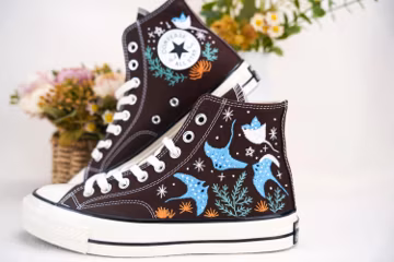 Custom Embroidered Converse High Tops, Custom Converse Chuck Taylor 1970s Manta Ray Embroidered, Ocean Embroidered Shoes Custom, Ocean Gifts