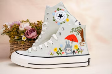 Custom Embroidered Totoro Converse Shoes, Custom Embroidered Converse, Cute Handmade Canvas Sneakers