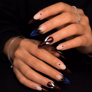Spider Web Press On Nails with Red Black Glitter , Comic Inspired Stiletto Fake Nails , Halloween Gothic Nail Art , Press on nails •HB1394W