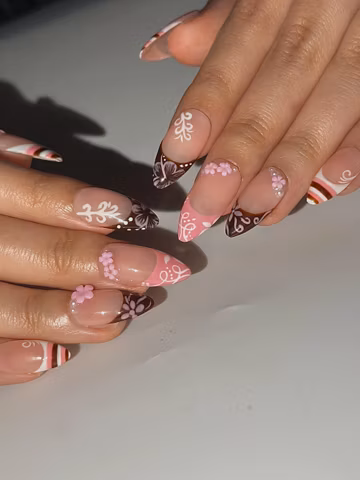 Pink Brown Floral Press On Nails | 3D Blossoms, Hand-Painted Swirls, Dessert Inspired| HC1298HK