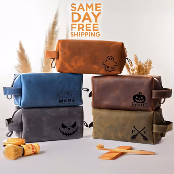 Personalized Halloween bag: Handmade Leather Dopp Kit Halloween Gifts, Custom Leather Toiletry Bag, Fall Wedding Favors