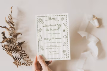 She's Fresh Off The Market Invitation Hand Drawn Farmer's Market Bridal Shower Invite Green Stripes | LK08