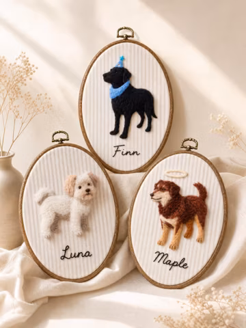 Custom Wool Felt Pet Portrait Hoop, Handmade Memorial Keepsake, Photo to Art
