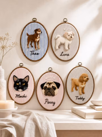Custom Wool Felt Pet Portrait Hoop, Handmade Memorial Keepsake, Photo to Art