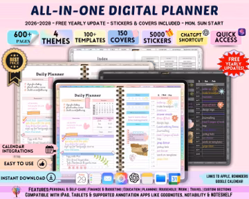 All In One Digital Planner 2026, 2027, 2028 Digital Planner, Digital Journal, Digital GoodNotes Template, Weekly, Daily, Notes+ Notability