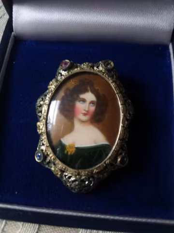 Antique 18k Gold Hand Painted Signed Portrait Brooch with Gemstones