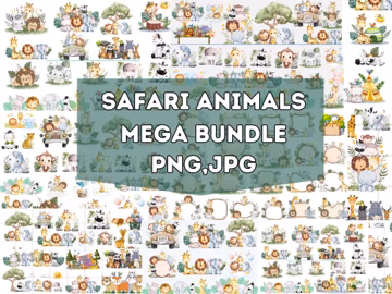 Watercolor Safari Animals Clipart | Baby Shower PNG JPG (Digital Download)