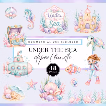 Under the sea fish clipart, seashell border, seal shell clipart watercolor, nursery decor, cute ocean animals, sea creatures,Commercial Use