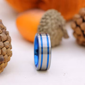 Silver Tungsten Wedding Band, Blue Line Promise Ring, Handmade