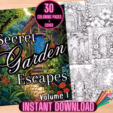 Secret Garden Escapes Coloring Book, Floral Coloring Pages, Botanical Flowers Coloring Book, Garden Doorways Printable Coloring Sheets