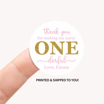 ONEderful 1st Birthday Favor Sticker, Pink Gold First Birthday Personalized Party Tag, Girl 1st Birthday Label