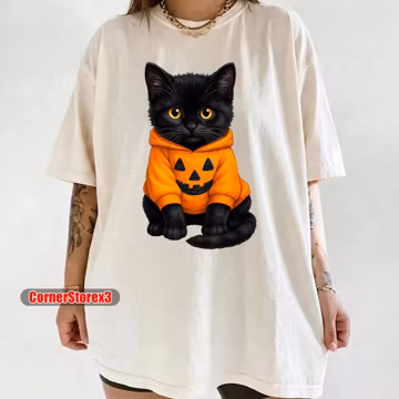 Cute Black Cat in Pumpkin Halloween Design Shirt, Unisex Pumpkin Halloween Tee