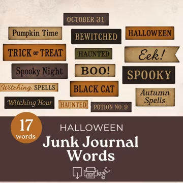 Halloween junk journal words , printable vintage ephemera labels, word snippets scrapbooking, junk journal words and phrases