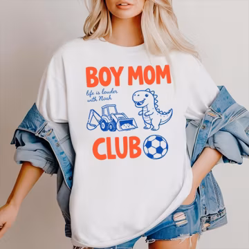 Comfort Colors Custom Boy Mom Club Shirt, Personalized Name Mama Tee,Boy Mom Club Doodle Shirt, Dinosaur Truck Blocks Soccer Tee