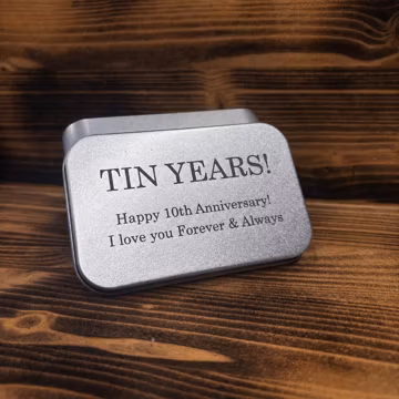 10th Wedding Anniversary Tin – Custom Engraved Metal Keepsake Box (90x65x20mm) Hinge Lid