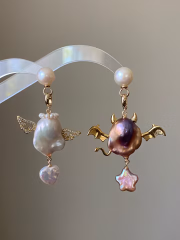 Baroque lover Multiple use fireball baroque freshwater angel and devil earring pendant-necklace pendant Handmade gift,gift for her