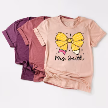 Personalized Teacher T-Shirt, Retro Teacher Coquette Pencil Bow Tee, First Day of School Shirt, Custom Teacher Gift, Back To School Shirt