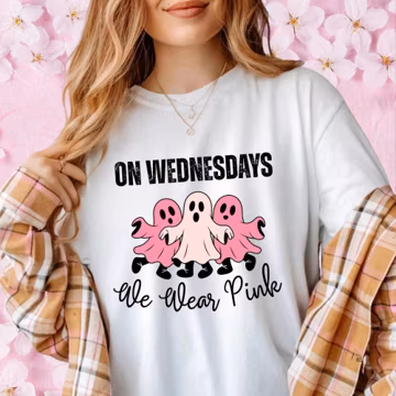 On Wednesday We Wear Pink Halloween Shirt, Cute Pink Ghost T-Shirt, Mean Girls Ghost Sweatshirt,Cute Spooky Season Tee,Halloween Gift Outfit