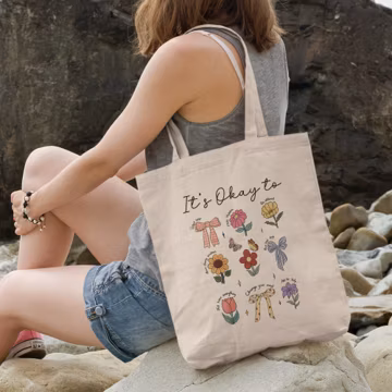 It's Okay to Be Kind to Yourself Canvas Tote Bag - Uplifting Inspirational Self Care Tote Bag For Mental Health, Floral Affirmations Gift
