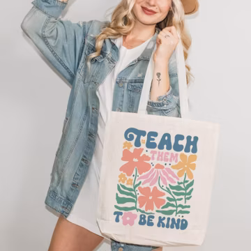 Teach Them To Be Kind Canvas Tote Bag, Cute Teacher Appreciation Travel Bag, Inspirational Retro Vibes Gift for Educators