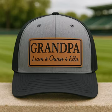 Personalized Grandpa Leather Patch Hat, Custom Dad Hat with Kids Names, Father's Day 2026 Gift, Engraved Leather Patch Trucker Cap Grandpa
