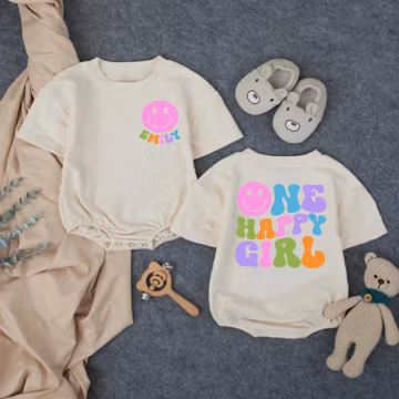 Customized One Happy Girl Birthday Bubble Romper, Smiley Face First Birthday Outfit, Toddler Girl Birthday Shirt