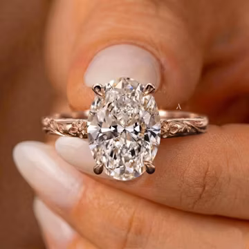 Floral And Leaf Craved Engraved Band, Oval Cut Lab Grown Diamond Engagement Ring, 14k Rose Gold Solitaire Wedding Ring, Custom Promise Ring