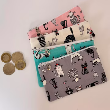 Handmade Cats Fabric Coin Purse, Zippered Pouch with Charm