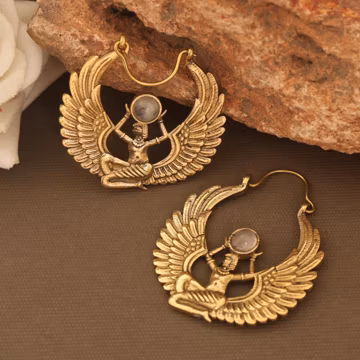 Egyptian Goddess Moonstone Hoop Earrings: Gold Winged Boho Jewelry