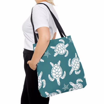 White Sea Turtle Pattern Tote Bag | Teal Ocean Print