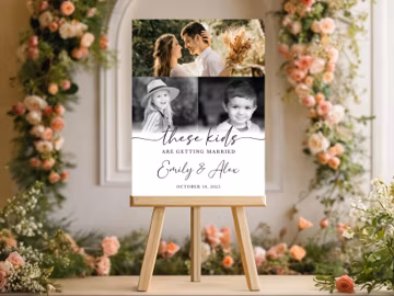 Minimalist Welcome Sign for Wedding, Rehearsal Dinner Custom Signage with Childhood and Adulthood Photos These Kids Are Getting Married