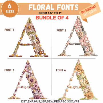 Floral Font Embroidery, A-Z Full Flower Alphabet Machine Embroidery Designs, Uppercase Letters, BX font, PES DST -6 sizes - Instant Download