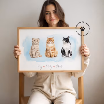 Personalized Watercolor Portrait of 3 Pets, Custom Dog and Cat Portrait From Photo, Three Pet Artwork, Memorial for Pet Lovers for Your Home