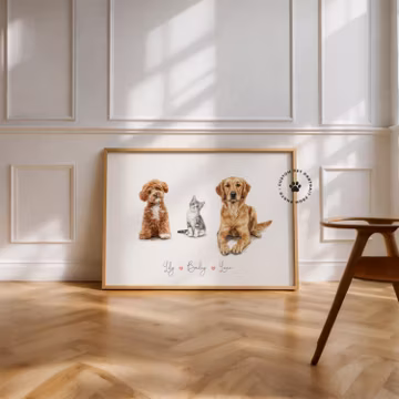 Personalized 3 Pet Portrait From Photos, Custom Watercolor Dog and Cat Painting, Three Pets Together Art, Family Gift for Your Home Wall Art