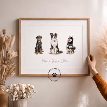 Three Pet Watercolor Portrait From Photo, Custom Dog and Cat Portrait, Personalized 3 Pets Painting, Memorial Gift Wall Art for Home Artwork