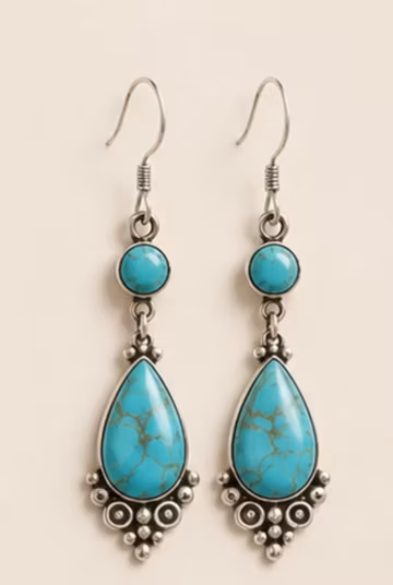 Genuine Turquoise Earrings - 925 Sterling Silver Earrings -2 Stone Cluster Earrings Pear Shaped Turquoise Studs Turquoise Statement Earrings