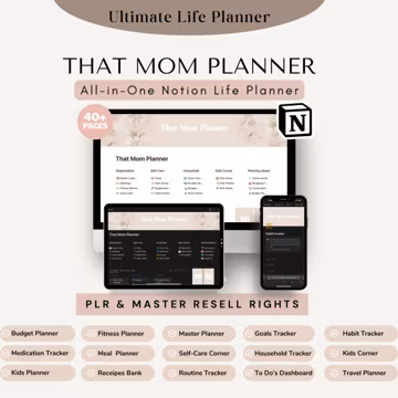 Notion Life Planner Template for Mothers: Mom Organization Planner, PLR & MRR
