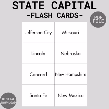 Printable US States and Capitals Flash Cards | Educational Activities | US States Flash Cards | Learn the Us State Capitals | USA Flashcards