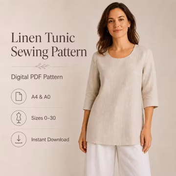 Linen Tunic Blouse Sewing Pattern, Relaxed Fit Top, 3/4 Sleeve Top , Beginner Friendly DIY (PDF)
