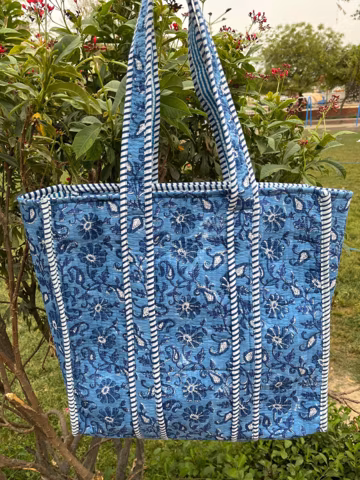 Handmade Quilted Cotton Tote Bag: Floral Hand Block Print