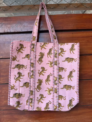 Indian Block Print Cotton Quilted Tote Bag, Animal Print