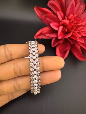 Openable bracelet with Pearls, crystal stones, CZ(Diamond), Fits size upto 2.6"