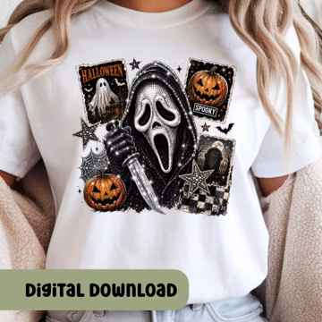 Horror Movie Glitter PNG, Disco Ghost Graphic Tee Design, Mirror Ball Slasher Art, Retro Halloween Dark Shirt, Digital Download H274