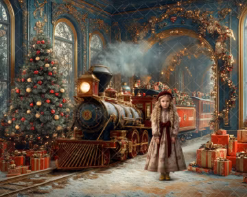 Christmas Digital Photography Background, Vintage Christmas Train, Xmas Living Room Studio Portrait, Holiday Composite, Christmas Tree