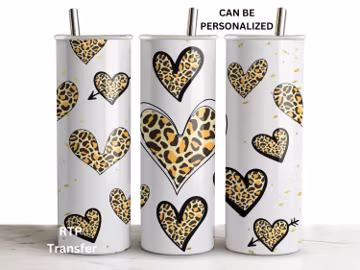 Leopard Hearts Tumbler Sublimation, Love, Ready to Press Transfer, Heat Press Use, Print Out Sheet, 20 oz Skinny Straight Wrap